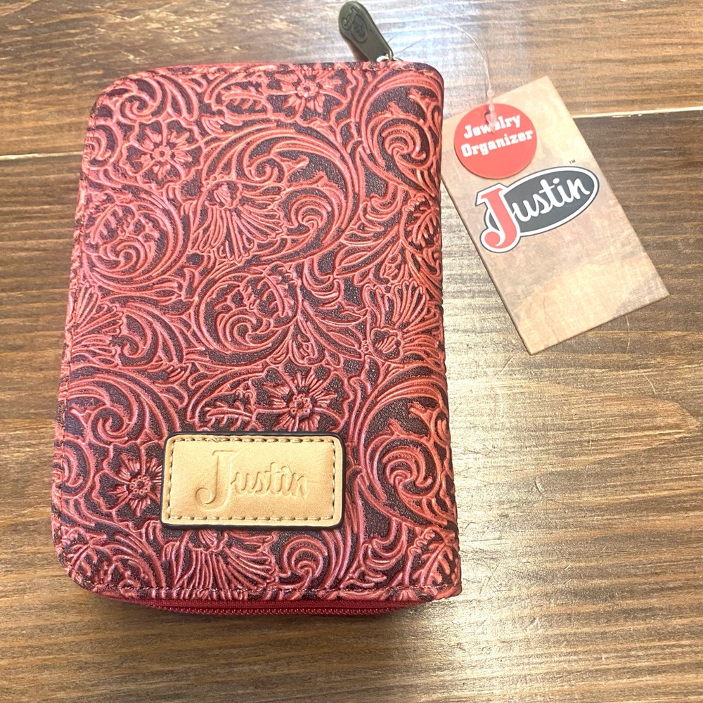 NWT Justin Brand Tooled Leather Jewelry Organizer in Berry
